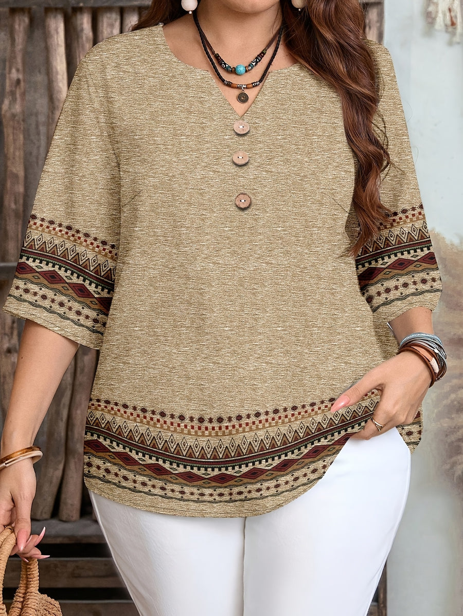 Women's Elegant Striped Print Shirt with Three-Button V-Neck Pullover, Spring/Summer Casual Loose Blouse Top - Khaki