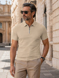 Men's Short Sleeve Zip Polo Shirt, Solid Beige, Polo Collar, Quarter Zip Placket, Regular Fit, Polyester, Casual Style for Daily Wear and Commuting, Spring and Summer - Mixed colors