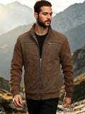 EXARUS Men's American-Style Stand Collar -Like Patchwork Jacket, Spring/Autumn Outerwear, Waffle Long Sleeve Color-Block Casual Top, European/American Outdoor Workwear Style Zipper Jacket. Features a -like Textured Body with Textured Sleeves - Light Brown-1