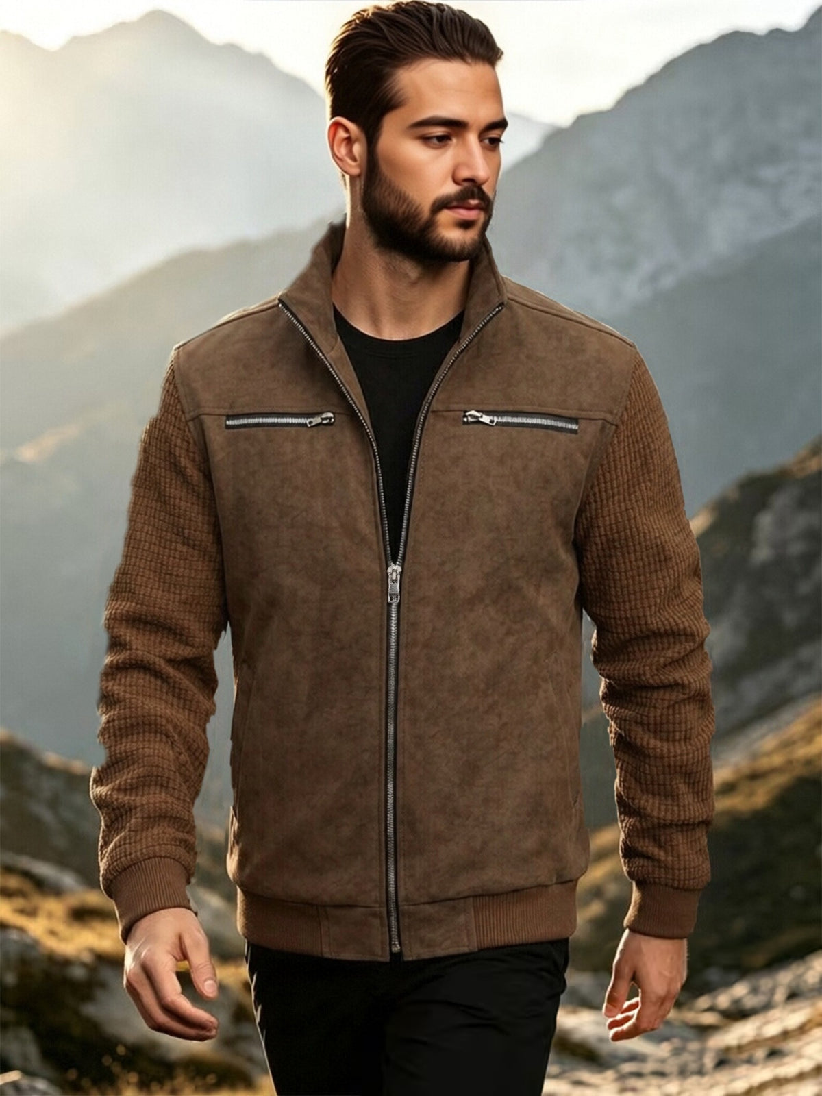 EXARUS Men's American-Style Stand Collar -Like Patchwork Jacket, Spring/Autumn Outerwear, Waffle Long Sleeve Color-Block Casual Top, European/American Outdoor Workwear Style Zipper Jacket. Features a -like Textured Body with Textured Sleeves - Light Brown-1