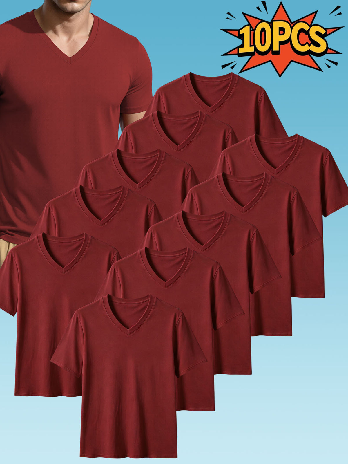 10pcs Men's Casual Knit Ribbed V-Neck T-Shirt / Soft and Comfortable Fabric / Short Sleeve / Solid Color / Crew Neck / Back-to-School Season, Casual Sporty Design Multi-pc Tops, Suitable for Summer Daily Wear - 10 pieces of burgundy