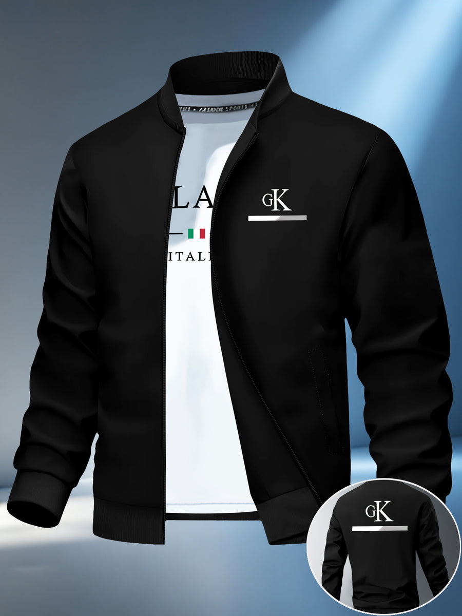Men'S Trendy Business Style Baseball Collar Jacket, Retro Pinstripe Double Letter Line Print, Drapey Wrinkle-Resistant Coat, Autumn/Winter Commute And Outing Wear - Black