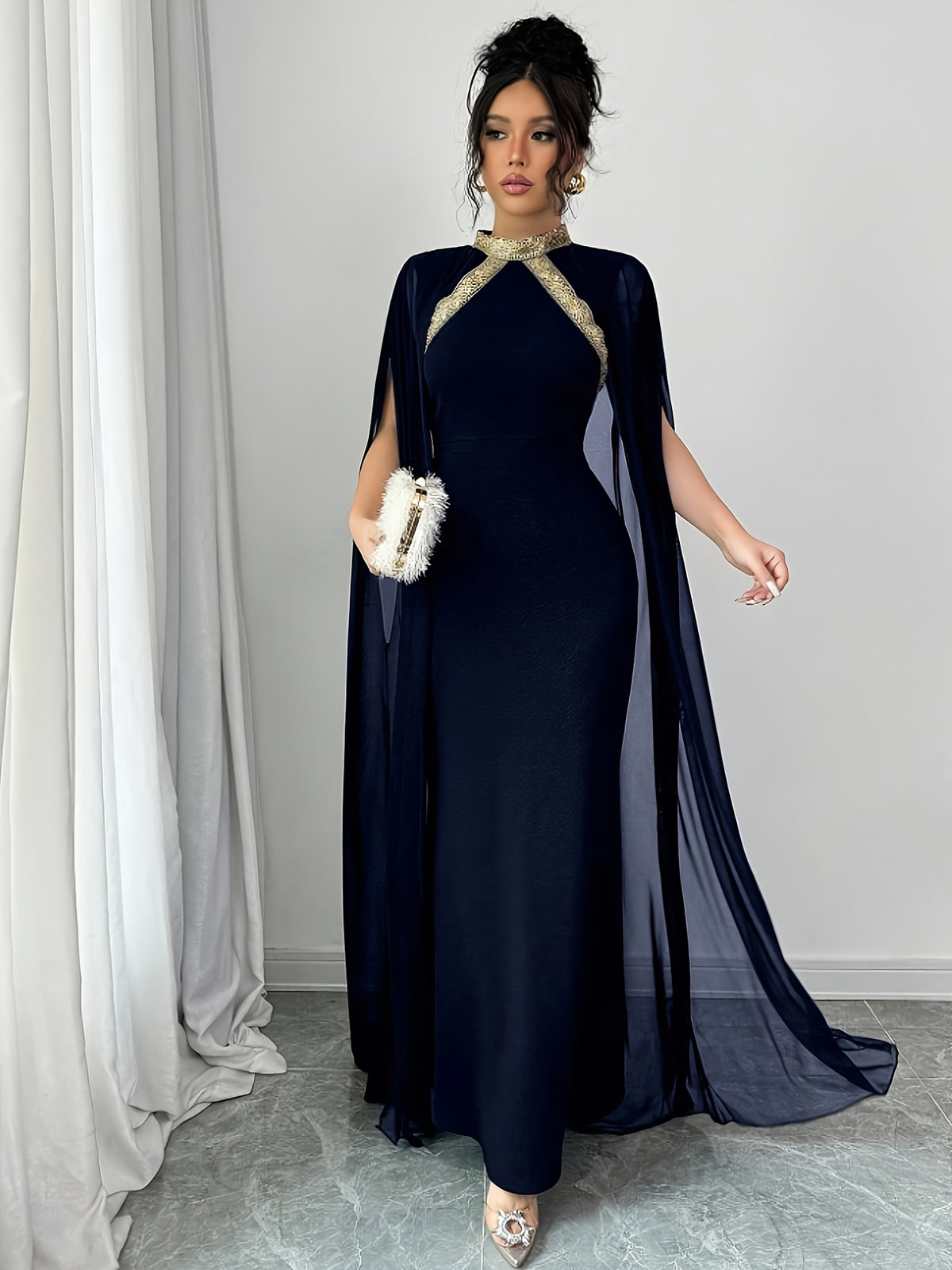 Color-blocked Decorative Stand-up Collar Elegant Batwing Sleeve Mermaid Hem Fashionable Evening Gown, Women's Long Bridesmaid Dress - Navy Color
