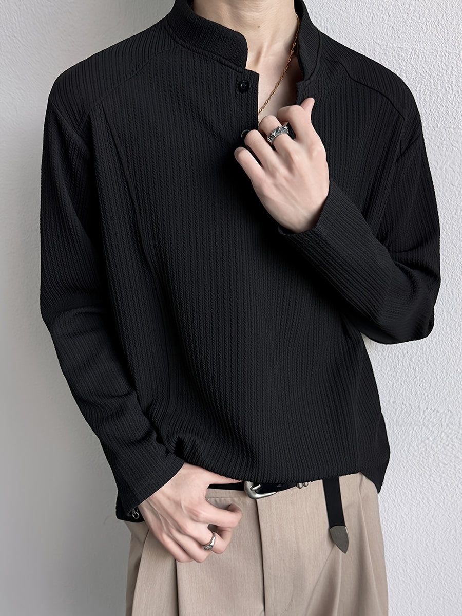 Men'S Korean Style Clean Texture Stand Collar Long Sleeve T-Shirt, Soft And Breathable Drop Shoulder Solid Color Casual Pullover, Suitable for Spring/Autumn Campus Shopping Short Trips - Black