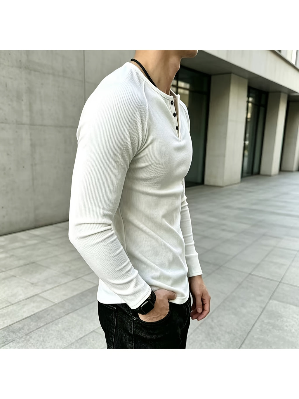 Men Long Sleeve Henley T-Shirt, Loose Trendy Brand Designed Top, Vertical Ribbed Knit Pullover, Breathable Comfort Fashion Casual Tee, Raglan Sleeve Half Button Placket Shirts for Daily Outfits - White