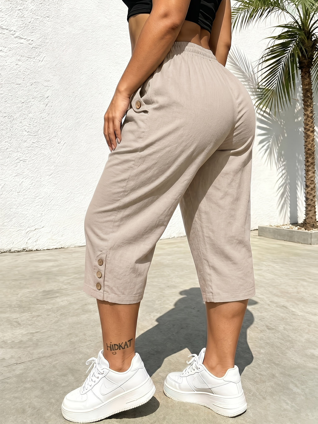 Summer Women's Cropped Cargo Pants with Stylish Pocket Design, Drawstring Elastic Waist Casual Long Pants, Suitable for Outdoor and Daily Wear - Khaki