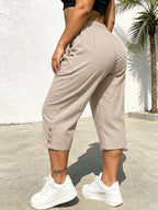 Summer Women's Cropped Cargo Pants with Stylish Pocket Design, Drawstring Elastic Waist Casual Long Pants, Suitable for Outdoor and Daily Wear - Khaki