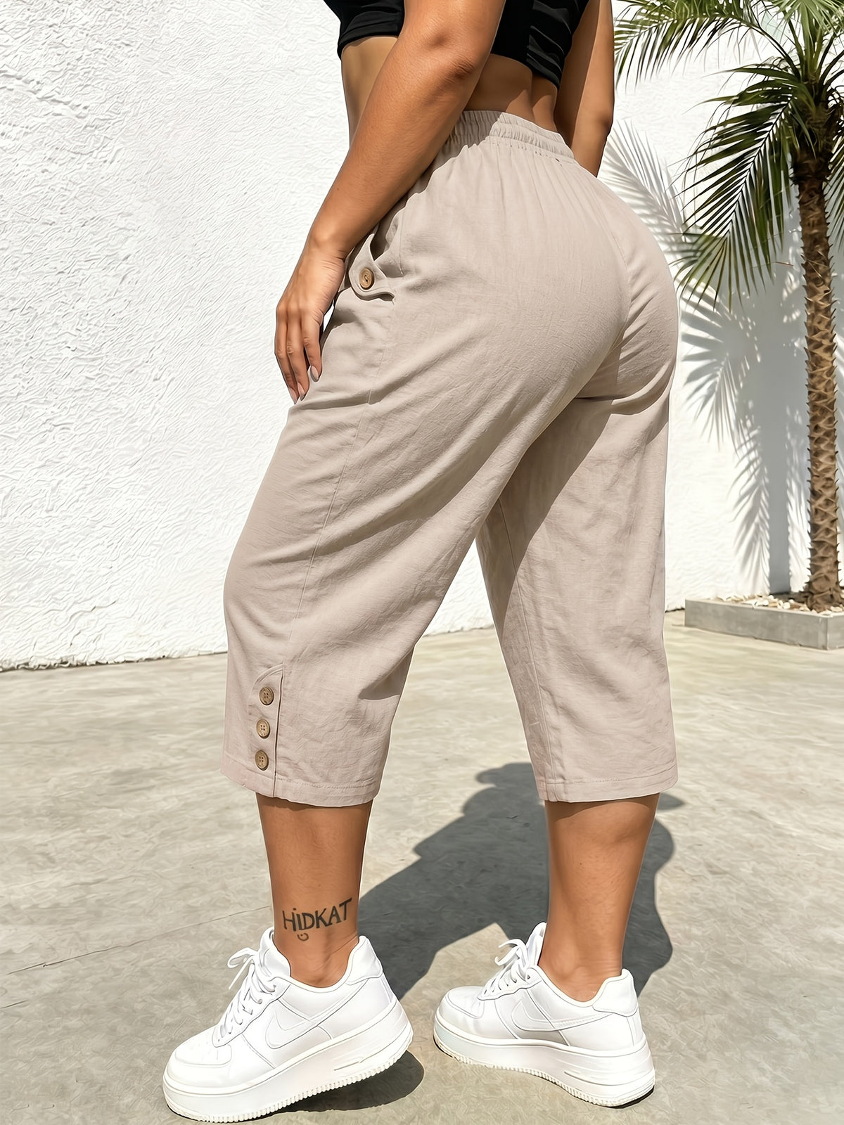 Summer Women's Cropped Cargo Pants with Stylish Pocket Design, Drawstring Elastic Waist Casual Long Pants, Suitable for Outdoor and Daily Wear - Khaki