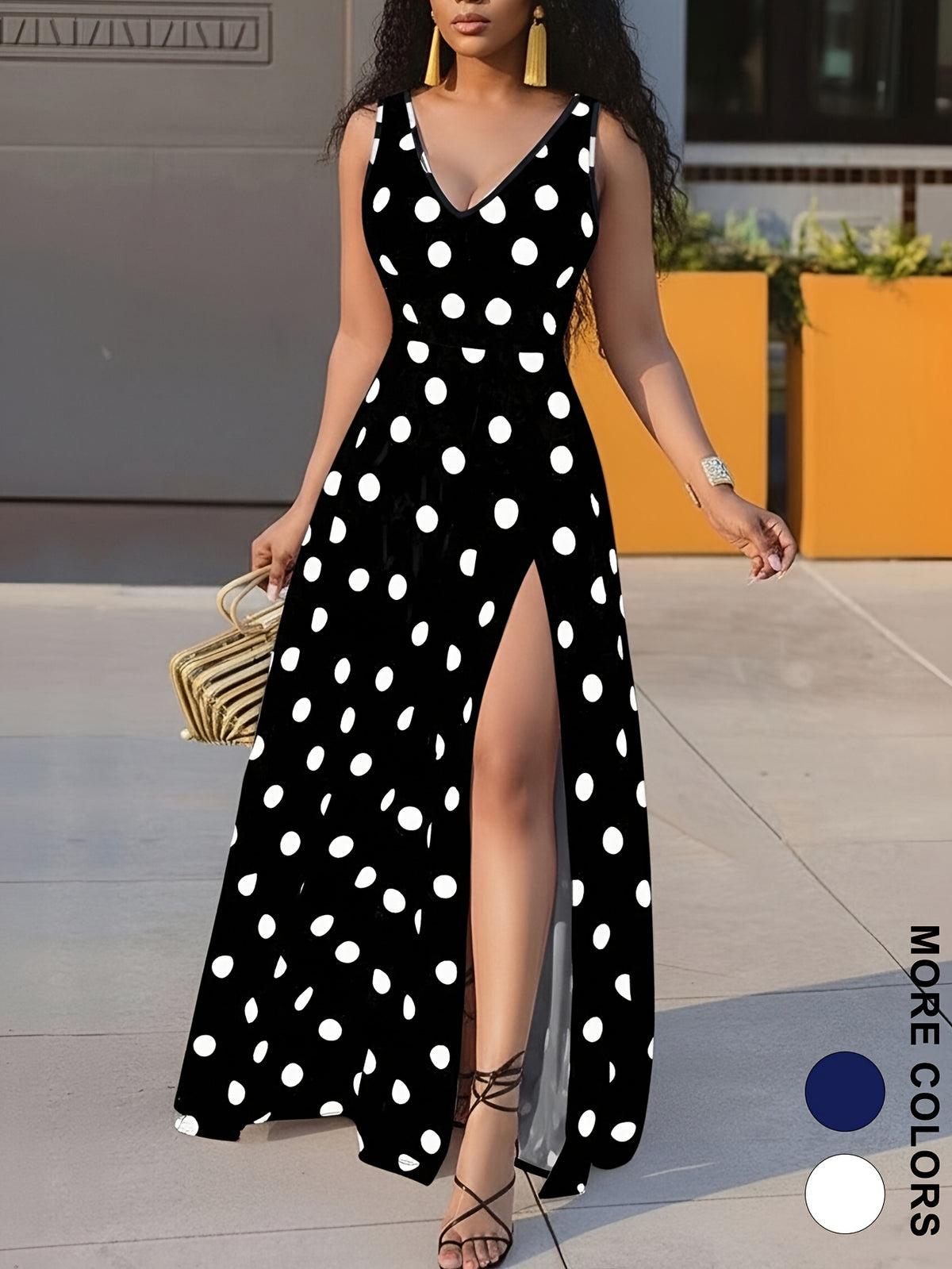 2026 Polka Dot Maxi Dress Vintage Polka Dot V-Neck Sleeveless High Slit Slim Long Dress Bodycon Party Dress Temperament Formal Wear Summer New Light Mature Style Dating Printed Dress - Black