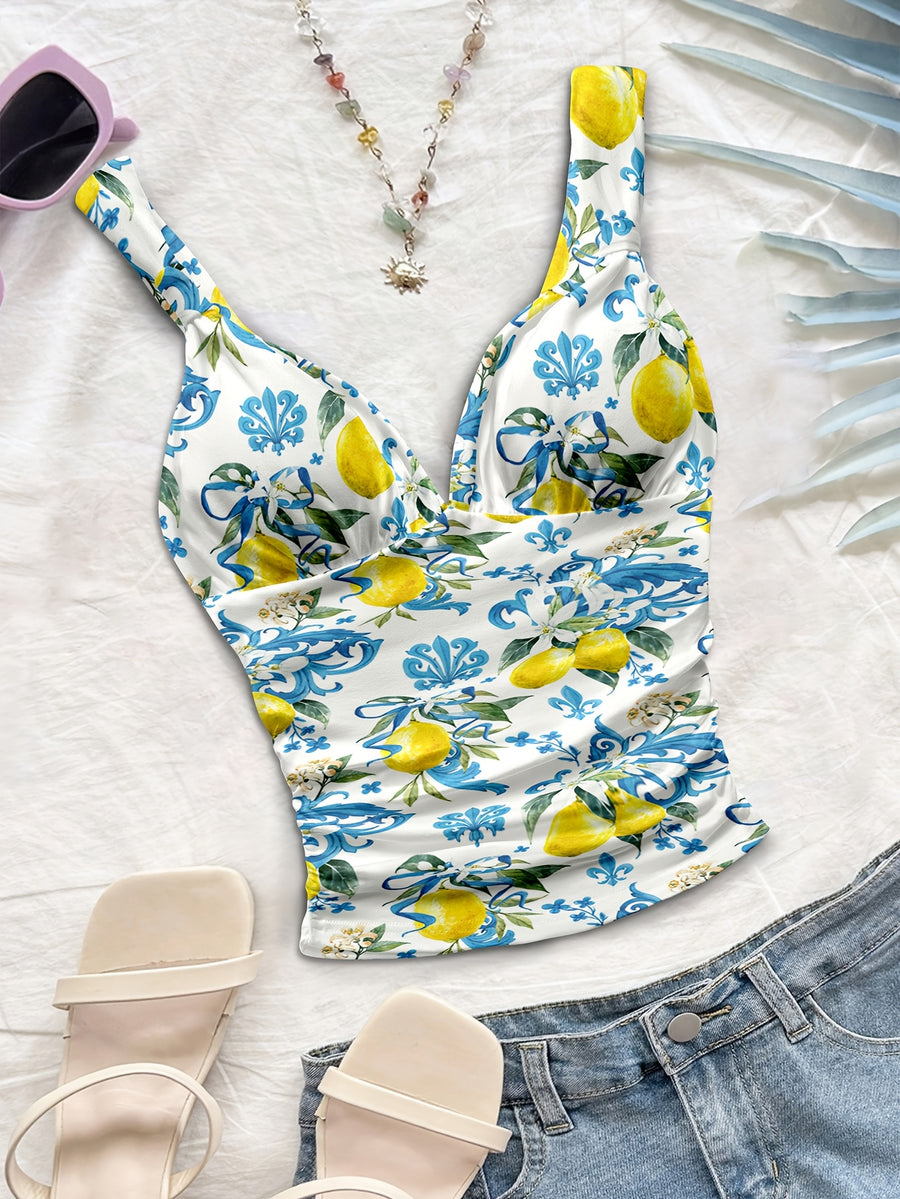 Women's Spring/summer New Hot Beach Tropical Vacation Outfits Casual Floral Slim Fit Bustier Halter Top - Peacock Blue
