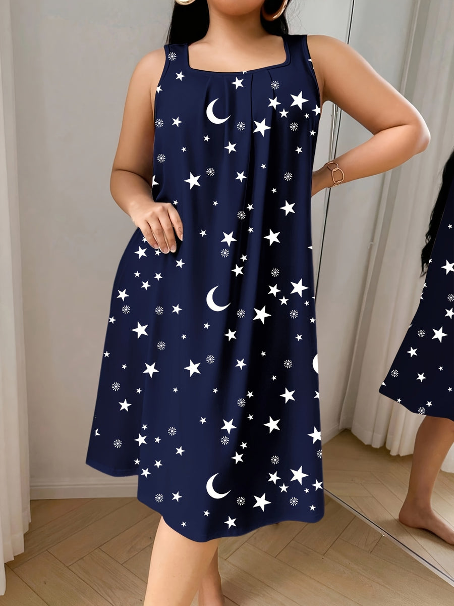 Women'S Plus Size Sleeveless Vest Dress with Star And Moon All-Over Print, Spring Summer Style, Very Comfortable Home Wear - Navy Color