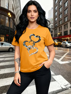 Emotion and Love" Representative, Metallic Art Heart Print Trendy Fashion, Simple Round Neck Casual Versatile Short Sleeve Women's T-Shirt for Leisure, Travel, and Vacation - Orange