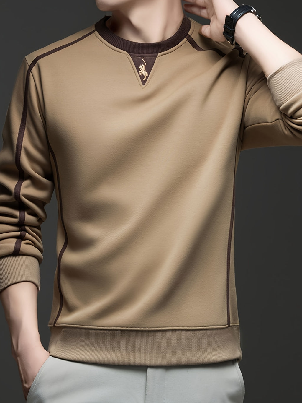 Autumn/Winter Regular Style Comfortable and Warm Men's Crew Neck Long Sleeve Sweatshirt, Versatile for Daily Wear - SINBOS - Coffee Color