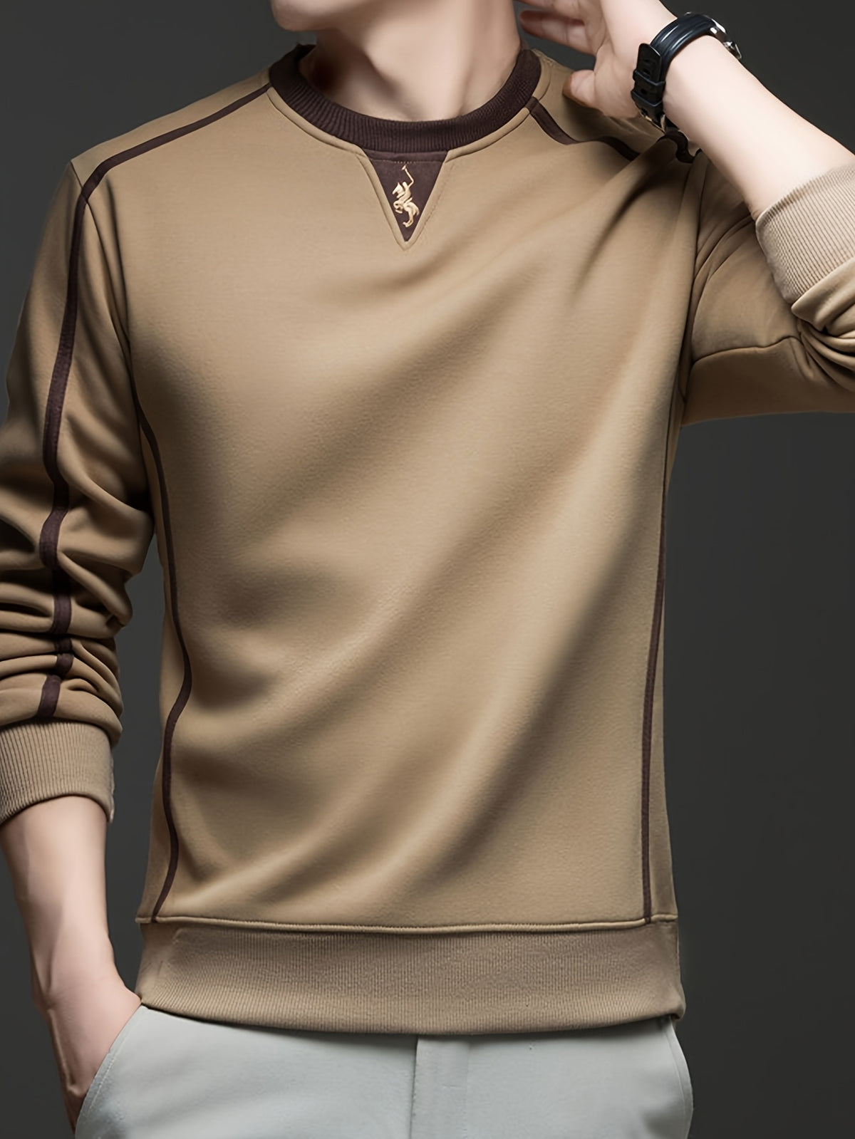 Autumn/Winter Regular Style Comfortable and Warm Men's Crew Neck Long Sleeve Sweatshirt, Versatile for Daily Wear - SINBOS - Coffee Color