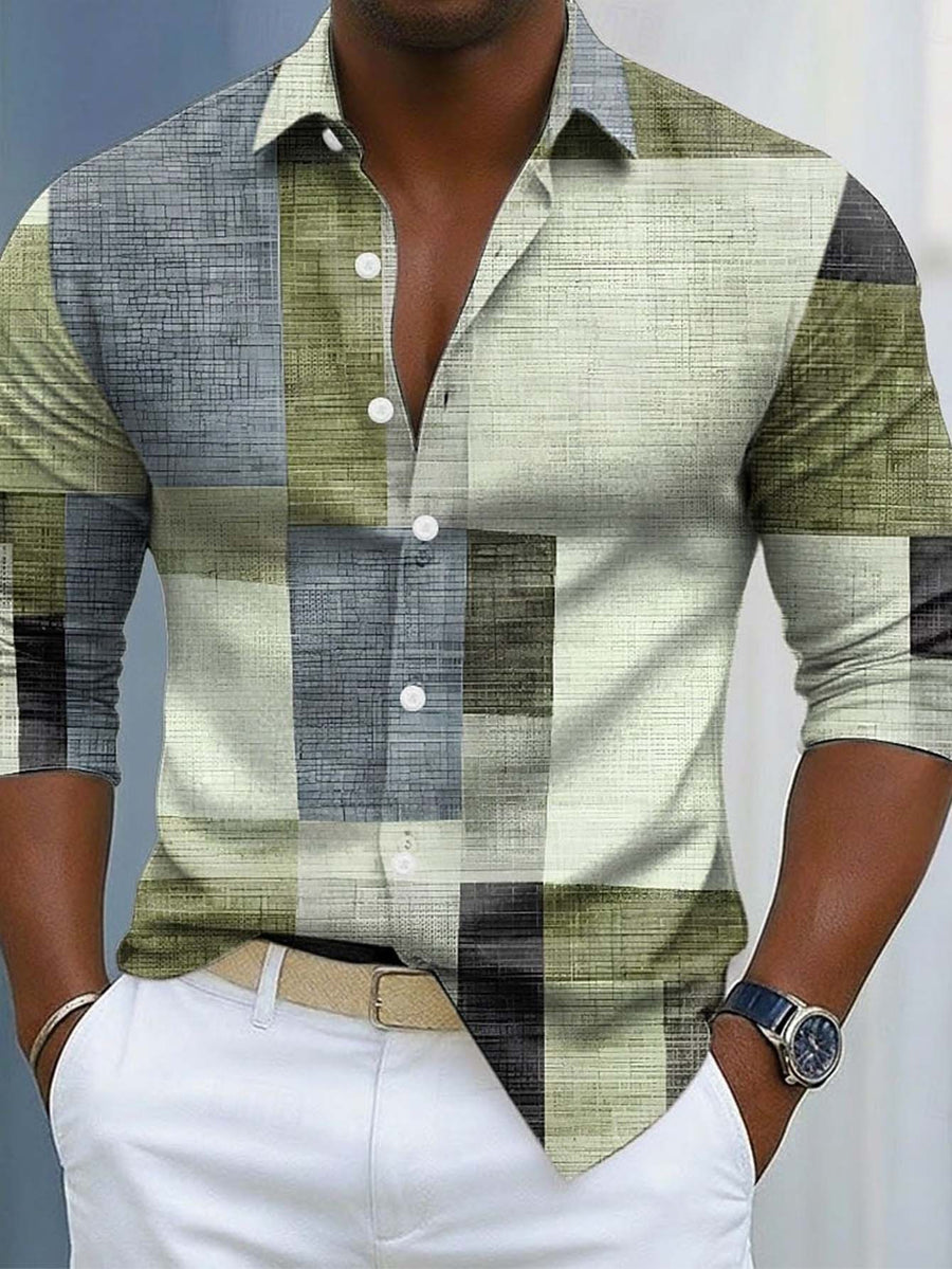 Men's Long-sleeve Shirt with Geometric Plaid Patchwork Print, Featuring a Mature Business-casual Style, Suitable for Workplace Commuting, Casual Gatherings, and Light Business Attire Occasions - Light Green