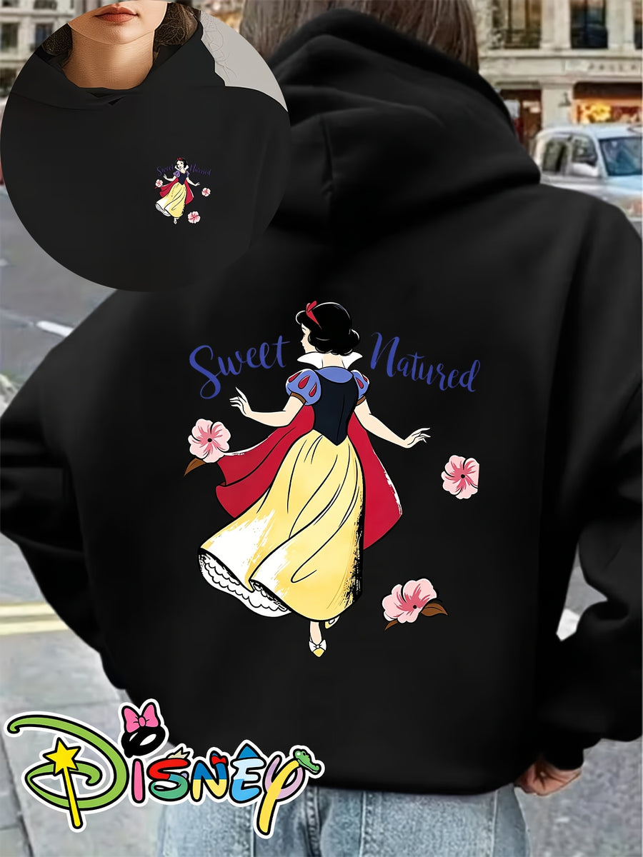 Genuine Women'S Summer Clothing, Snow White Wedding Theme Cartoon Pattern with Flowers And Text Decoration, Autumn Winter Fashion Fleece-Lined Hooded Sweatshirt, Women'S Printed Casual Elegant Top, Cute Top - Black