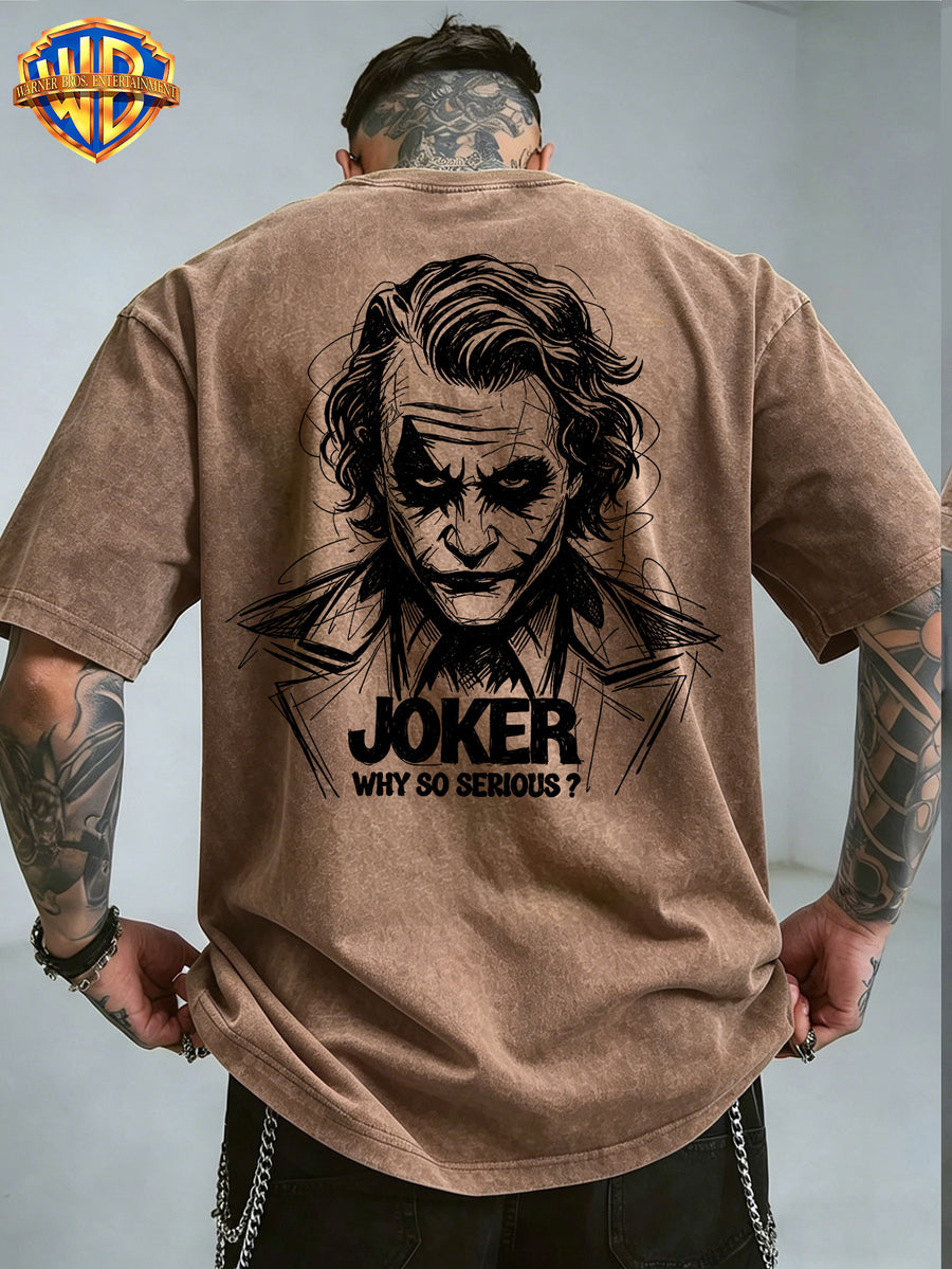 Warner Bros. Official - Cool Line Art Joker Print, American Vintage Washed Distressed T-Shirt, Suitable for Daily Commuting and Outdoor Wear, Machine Washable, Unisex - Coffee Brown