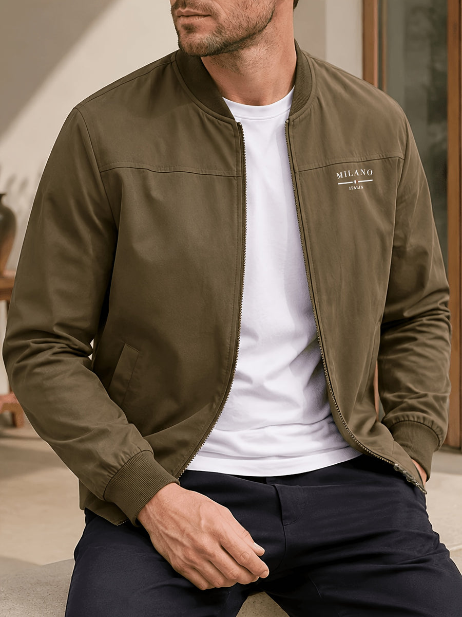 Men's Autumn/Winter 100% Zip-Up Pilot Jacket Coat, MILANO Print Zipper Stand Collar Casual Baseball Jacket, 6 Colors Available, Casual, Simple, Breathable, Lightweight Outerwear Winter Clothes for Men - Coffee Color