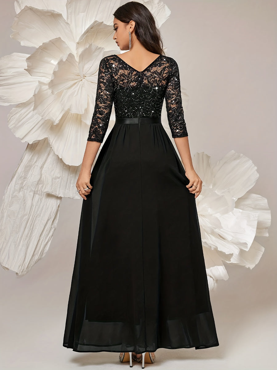 Women'S Elegant Lace Sequin Dress, Waist Tapered Satin Ribbon Patchwork, Underskirt Chiffon Pairing, Showcasing Flowy - Black