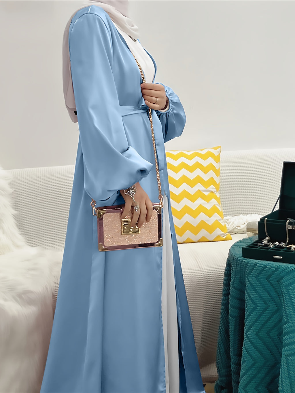 Cross-Border Muslim Women's Satin Bubble Sleeve Robe, Elegant Dubai Middle East Cardigan - Sky Blue