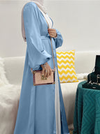 Cross-Border Muslim Women's Satin Bubble Sleeve Robe, Elegant Dubai Middle East Cardigan - Sky Blue