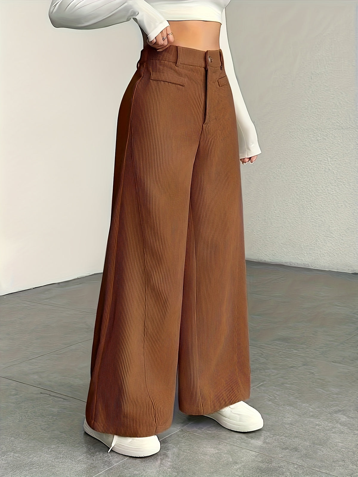 Women's High-Waisted Wide-Leg Corduroy Pants - Straight Leg Trousers with Corduroy Texture & Striped Suitable for All-Season Wear, Machine Washable Non-Stretch Corduroy Pants for Office, Casual, Everyday Outfits (No Transparency) - Coffee Brown