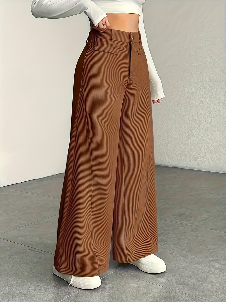 Women's High-Waisted Wide-Leg Corduroy Pants - Straight Leg Trousers with Corduroy Texture & Striped Suitable for All-Season Wear, Machine Washable Non-Stretch Corduroy Pants for Office, Casual, Everyday Outfits (No Transparency) - Coffee Brown