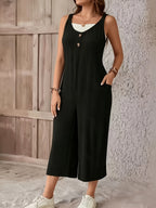 Front-buttoned Two-sided Pocket Suspender Jumpsuit Without White Vest, Casual Commuter Style - Black