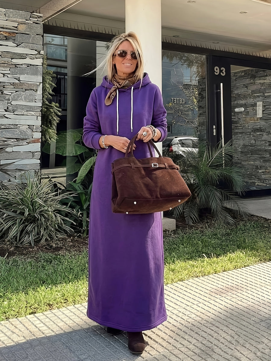 Plus Size - Women'S Autumn And Winter New Style Plus Velvet Thickened Sweatshirt Dress, Women'S Over-The-Knee Long Loose Hooded Dress - Purple