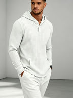 New Men'S Textured Jacquard Hooded Sweatshirt, Henley Button-Front Pouch Kangaroo Pocket Loose Stretch Long Sleeve Casual Top - White