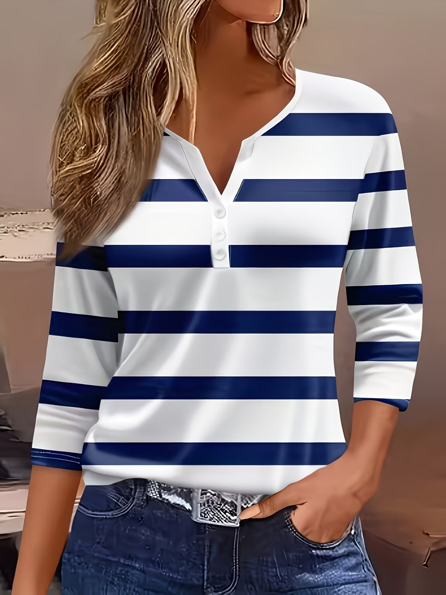 Women's Fashion New Spring/Summer Striped Print V-Neck Button-Up Three-Quarter Sleeve Loose Fit Casual Top Base Tee, Comfortable and Stylish - Suitable for Daily Wear and Home - Blue Mixed White