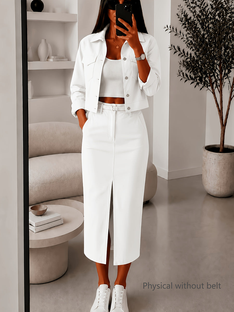 Autumn Winter Women'S Skirt And Jacket Two-Piece Set, Slit Midi Skirt And Short Jacket Long Sleeve Outerwear - White