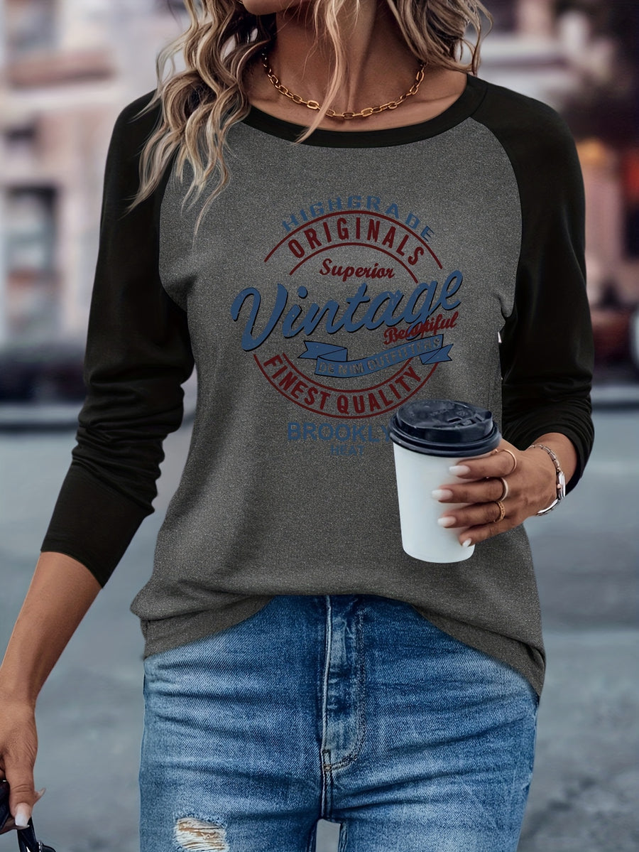 Brooklyn Vintage Pattern Design European and American Style Women's Daily Versatile Comfortable Casual Color-Blocked Crew Neck Raglan Long Sleeve T-Shirt - Dark Gray Black
