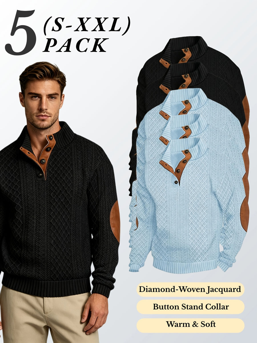 5pcs Set Men's Textured Jacquard Knit Vintage Casual Button-Up Stand Collar Long Sleeve Top, Versatile Basic Solid Color for Autumn/Winter Outings and Home Wear - Sky Blue 3 + Black 2
