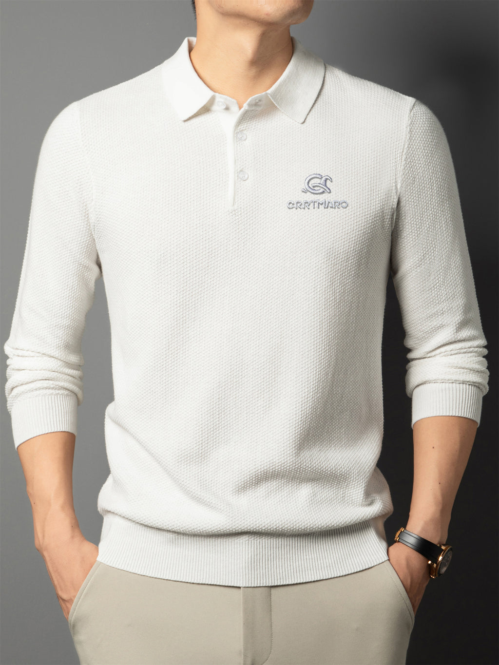 ZBZP Autumn/Winter Knitted 3D Solid Color Lapel Polo Sweater, Basic Knit Pullover, Men's Fashion Long-Sleeve Knitwear XD - White