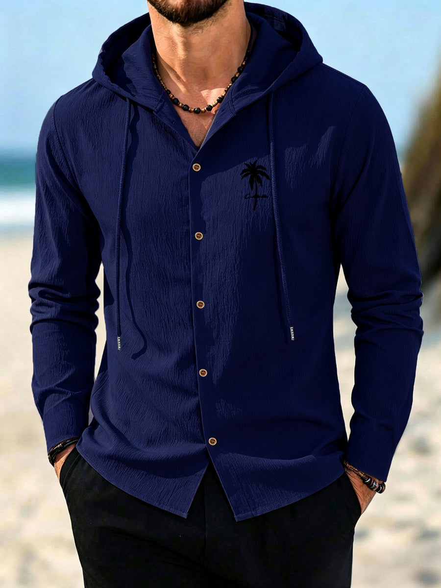Men's Coconut Tree Print Hooded Long-Sleeve Shirt, Slightly Wrinkled Textured Casual Button-Up Cardigan, Summer Lightweight Breathable Vacation Top, Hawaiian Beach Jacket, Shirt Style + Hood with Drawstring, Suitable for Beach Trips, City Strolls - Navy Color