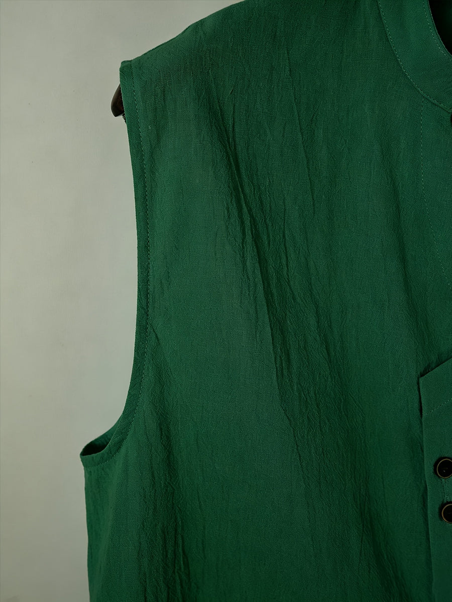 Summer Vacation Style 100% Men'S Sleeveless Shirt, Stand Collar Button-Up Design, Premium Comfortable Fabric, Beach And Seaside Wear, Fresh And Breathable, Casual Outing with Casual Trousers, Relaxed And Stylish, Summer Light Vacation Atmosphere - Dark Green