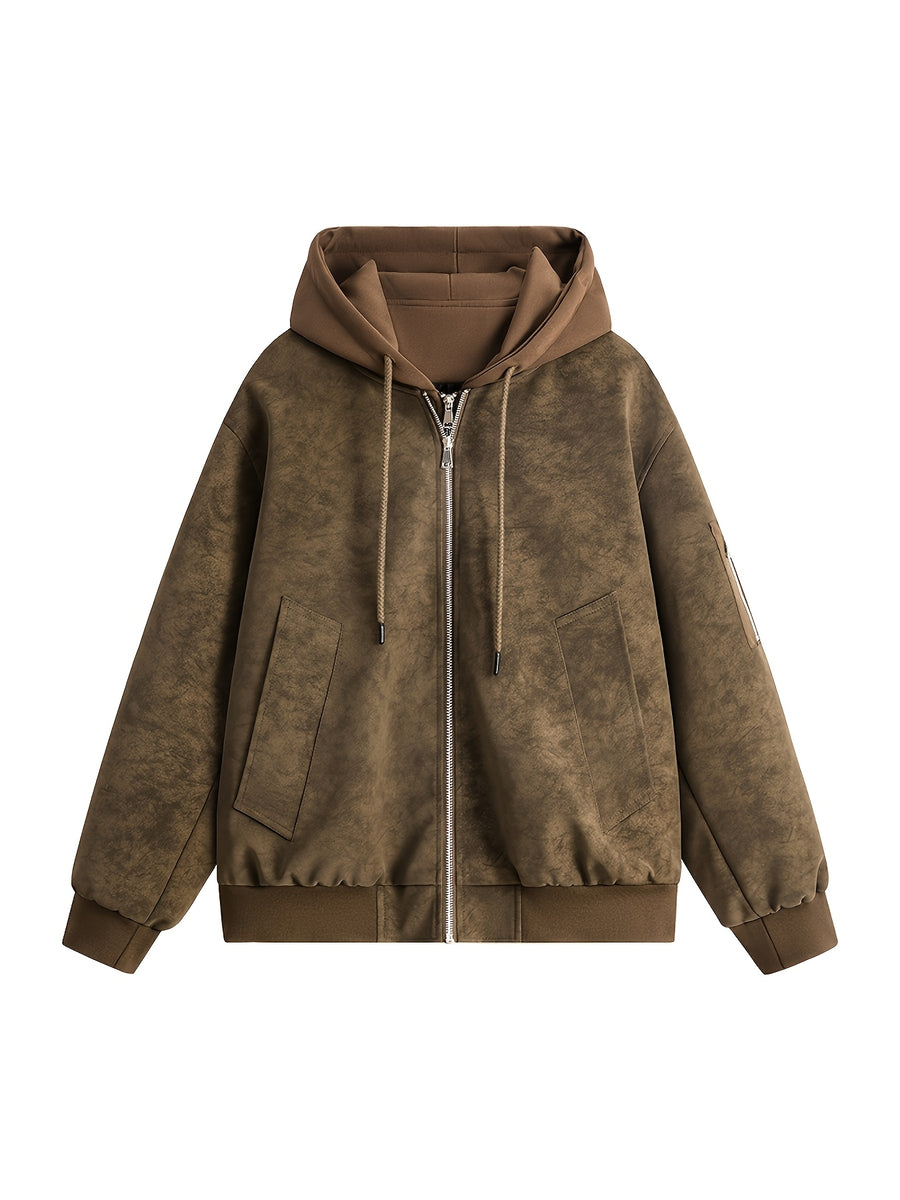 Men's Vintage Washed Layered Hooded Bomber Jacket, Distressed Faux Zip Up Coat, Loose Fit Streetwear Casual Outerwear with Arm Pocket - Coffee Color