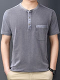 New Summer Men's Short-Sleeve Henley Shirt with Washed Distressed Finish, Waffle Knit Texture, Business Casual T-Shirt with Pocket - Grey