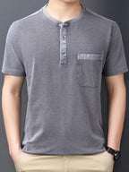 New Summer Men's Short-Sleeve Henley Shirt with Washed Distressed Finish, Waffle Knit Texture, Business Casual T-Shirt with Pocket - Grey