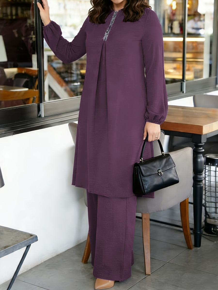 Eid | Plain Sequin Muslim Fall/Winter 2pcs Jilbab Set | Elegant Plain Sequin Abaya Women Modest Dress And Loose Wide-Leg Pants | Modest Outfit for Daily And Festive Wear - Violet