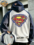 Autumn Winter New Men'S Hooded Jacket Top, Street Trendy Casual All-Match Color-Block Patchwork Coat, Retro Cracked Superman S Logo Shield Print, High Street Trendy Fashion Loose Couple Sweatshirt, Suitable for Casual Home And Outdoor Sports - Light Twist Gray