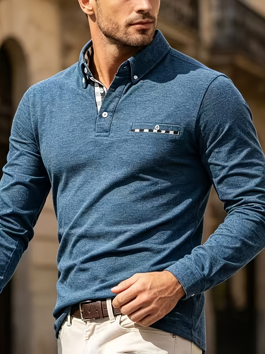 EnglishContrast Pocket Long Sleeve Collared Polo Stretch Slim Fit Business Casual Men T Shirt - Peacock Blue