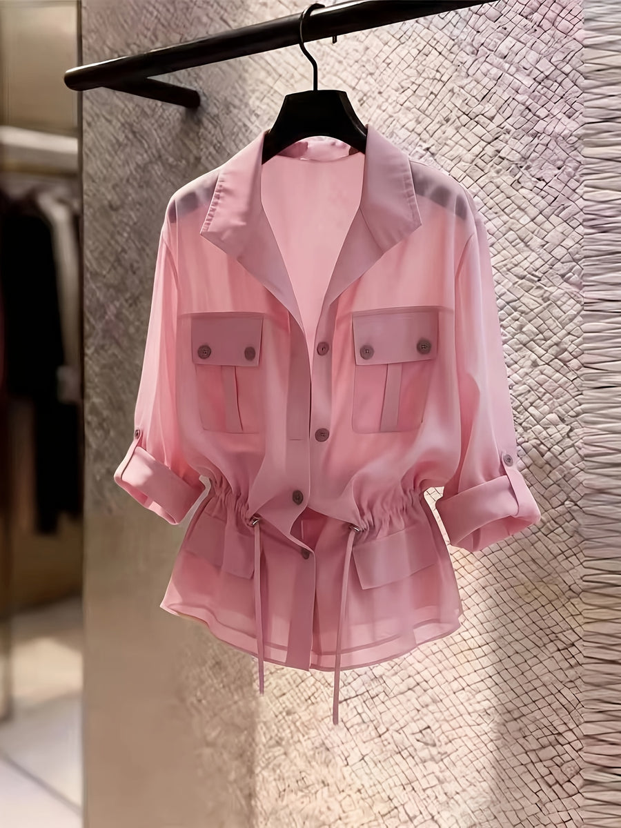 Drawstring Waist Chiffon Shirt, Lapel Collar with Cargo Pockets - Pink Color