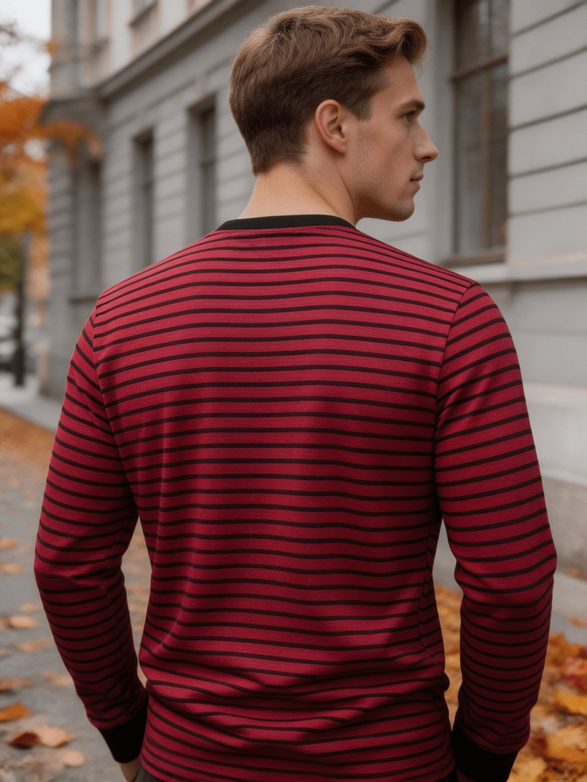 Men'S Round Neck Long Sleeve Henley Shirt, Classic Striped Button-Front Top, Ribbed Cuffs And Hem Breathable Soft Knit Pullover, Men'S Autumn Casual Shirt - Red