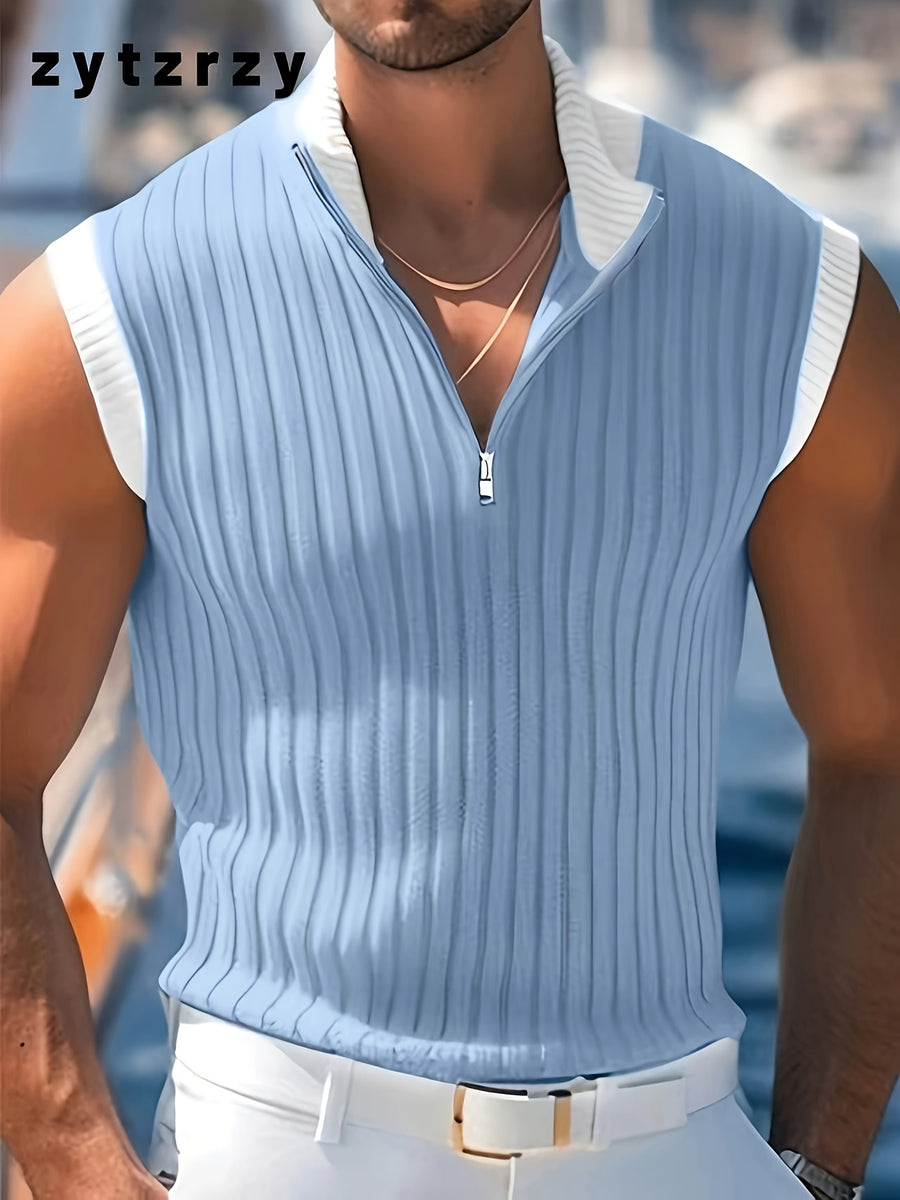Men'S Sleeveless Knit Top, Sweater, Half-Neck Zip Style, Vertical Striped Knit Fabric, Casual Daily - Sky Blue