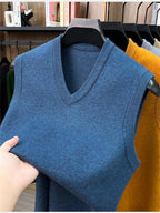 Autumn/Winter Knitted Solid Color V-Neck Sweater, Basic Knit Pullover, Men's Fashion Knit Vest ZYR - Blue