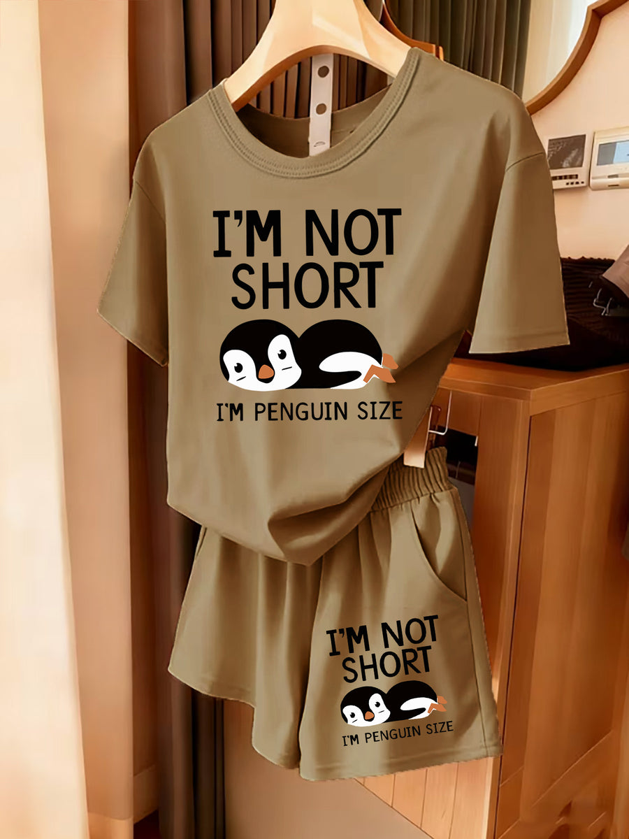 2pcs Women'S Summer Short Sleeve Set - I'M NOT SHORT Fun Penguin Print Short Sleeve And Shorts Outfit, Comfortable, Soft, Breathable Sportswear for Daily Wear, Suitable For, Campus, Valentine'S Day, Women'S Pajamas, Jogging, Fitness - Khaki+ Khaki