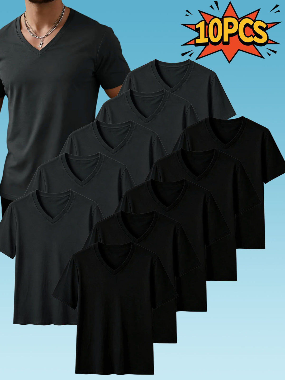 10pcs Men's Casual Knit Ribbed V-Neck T-Shirt / Soft and Comfortable Fabric / Short Sleeve / Solid Color / Crew Neck / Back-to-School Season, Casual Sporty Design Multi-pc Tops, Suitable for Summer Daily Wear - 5 pieces black + 5 pieces dark gray