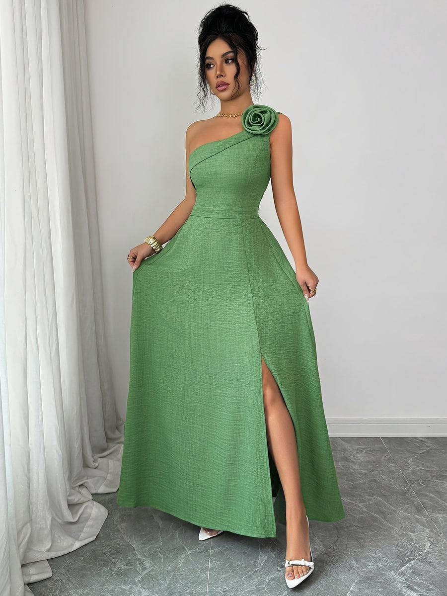 New Summer Women's Off-Shoulder Rose-Embellished Long Dress with Waist-Defining Slit, Elegant One-Shoulder Design, Mature Style for Dates and Banquets - Yellow-green
